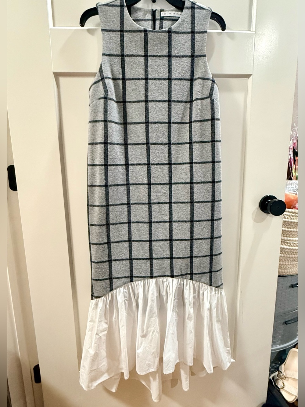 English Factory Gray Windowpane Midi Dress with White Ruffle Hem